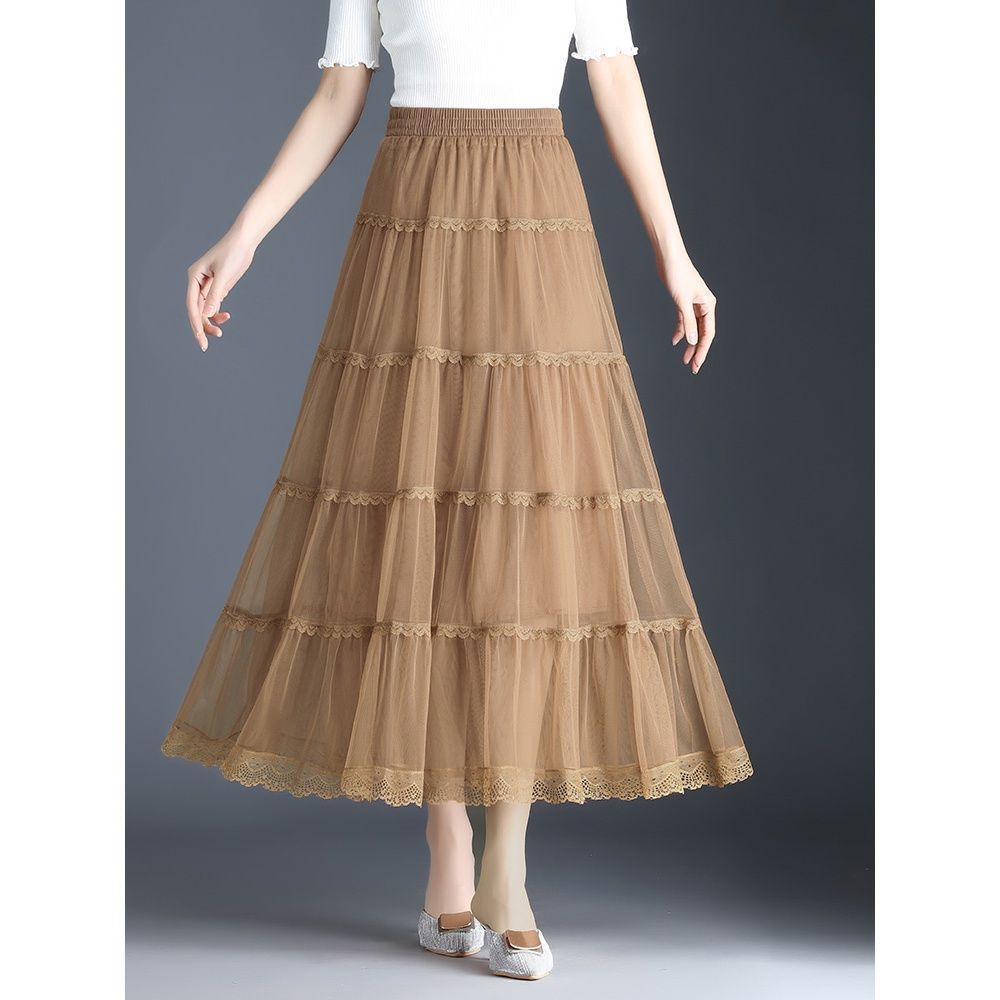 Mesh Half Skirt Autumn Half Skirt Lace Lace Long Skirt A-line Pleated Cake Skirt