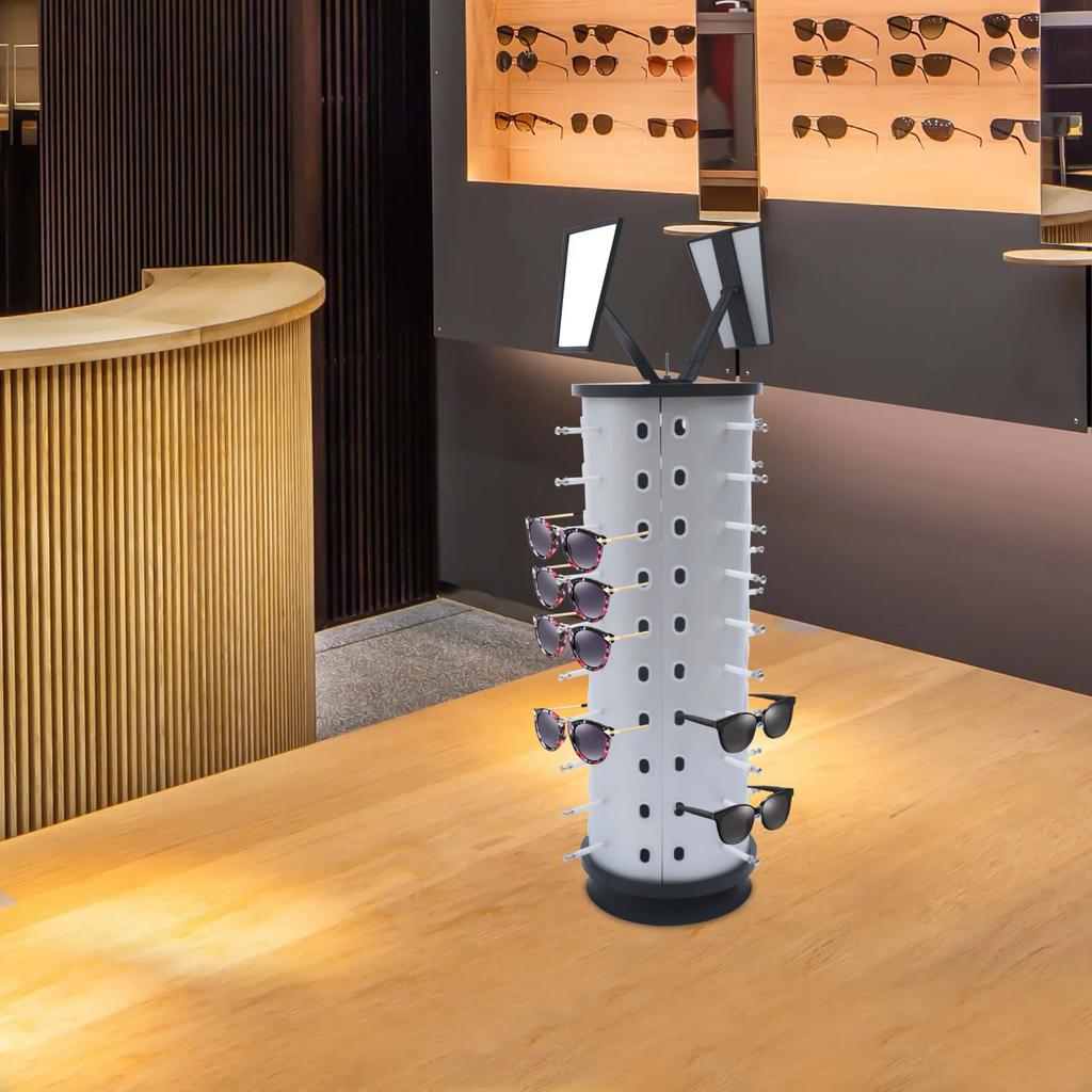 Abnehmbarer Theken-Sonnenbrillenständer, 360° drehbar, mit zwei Spiegeln, modisches Brillenregal für den Einzelhandel, Aufbewahrungsmöglichkeit für 40 Brillenpaare