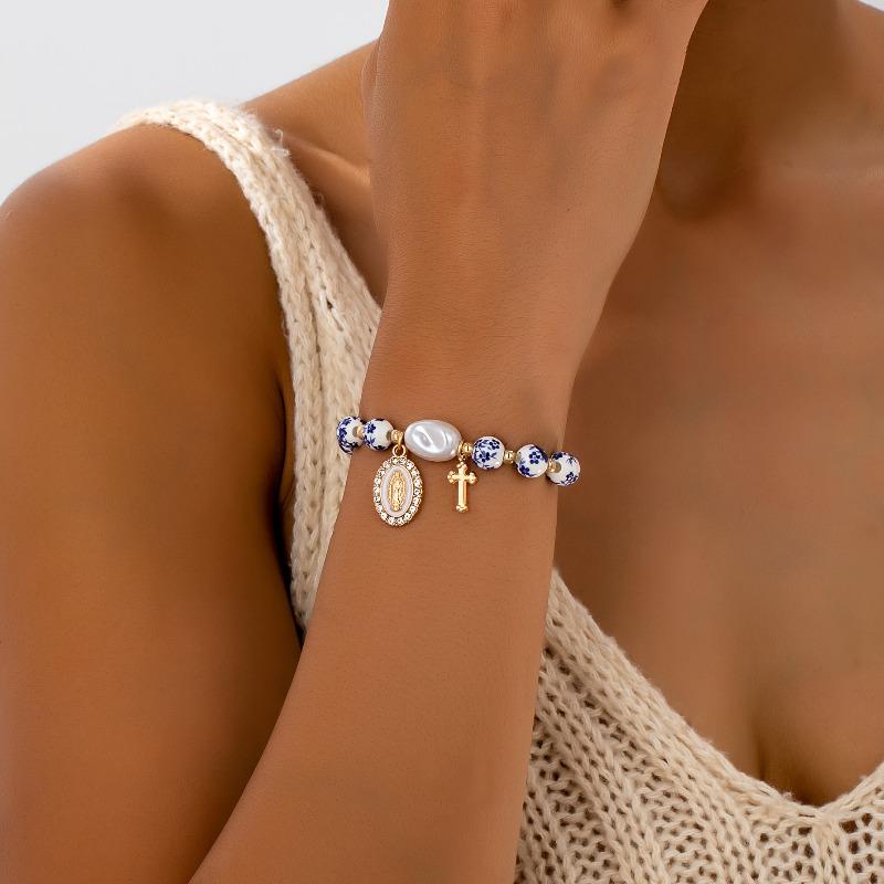 Bohemian Cross Religious Pendant Imitation Pearl Beaded Elastic Bracelet Women's Fine  Jewelry Anniversary Women's Gift