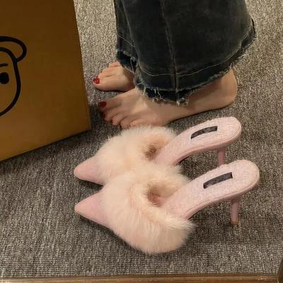 Fashion Women Warm Plush Pointed Toe High Heels Winter Mules Slipper Korean Fashion Design Thin Heels New Flip Flops Pumps Zapatos Mujer