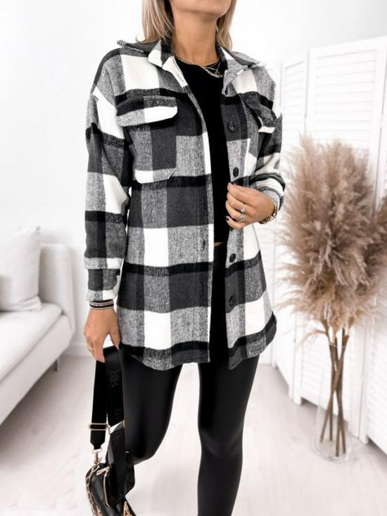 2021 Plaid Print Long Sleeve Woolen Coat with Shirt Collar