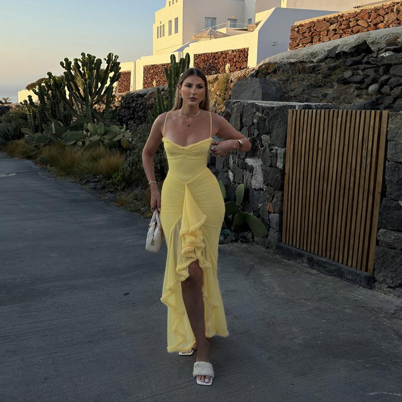 Women's New Style Temperament Sexy Backless Mesh Suspender Long Skirt Solid Color Slim Dress