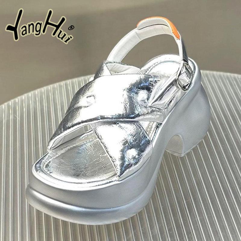 Color Matching Rivets Accessories Women's Sandals Comfortable 2024 Fashion Elevated Thick Bottom Anti-slip Silver Sandals Summer