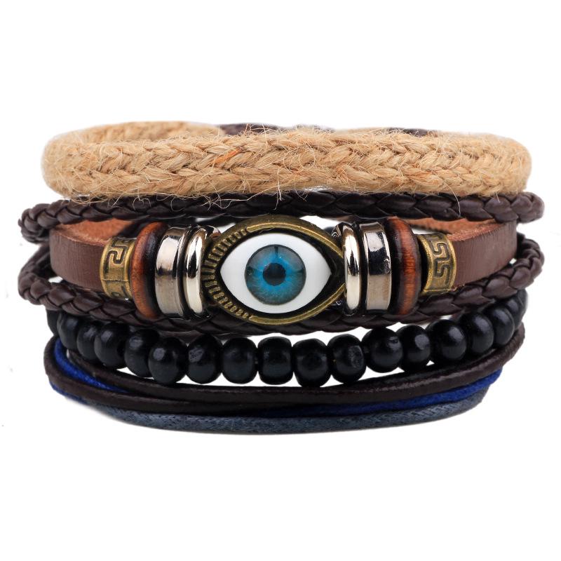 Men's Retro Multi-Strand Cowhide Anchor Bracelet Set with Wood Beads