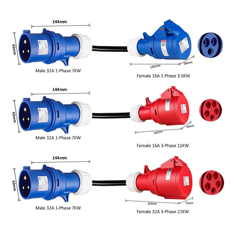 Electric Vehicle Charging Adapter Male 32A Blue 1-Phase 7KW CEE Plug To Femal 16A/32A Red 3-Phase / Blue 16A 1-phase Socket