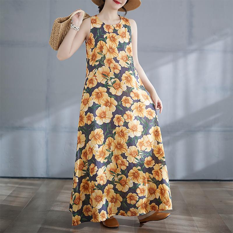 DIMANAF 2025 Women Linen Summer Flower print Dress Casual Ladies Basic Long Dress  8132