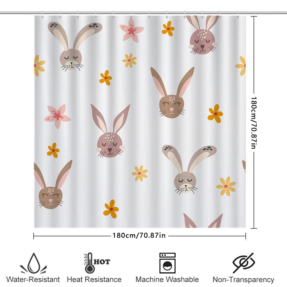 Bunny Face Shower Curtain White Floral Print Rabbit Design For Bathroom Decorations