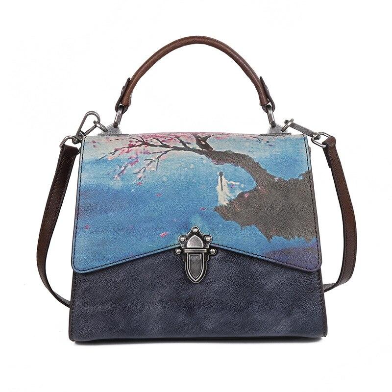 Johnature Vintage Genuine Leather Landscape Print Flap Bags For Women Retro Handbag Cowhide Shoulder & Crossbody Bags