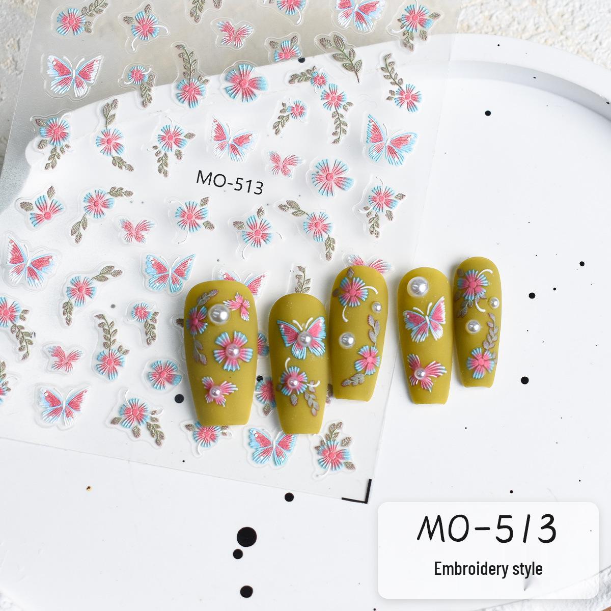 

Весенние наклейки для ногтей с бабочками и цветами: Дизайн с рельефной вышивкой в милом стиле