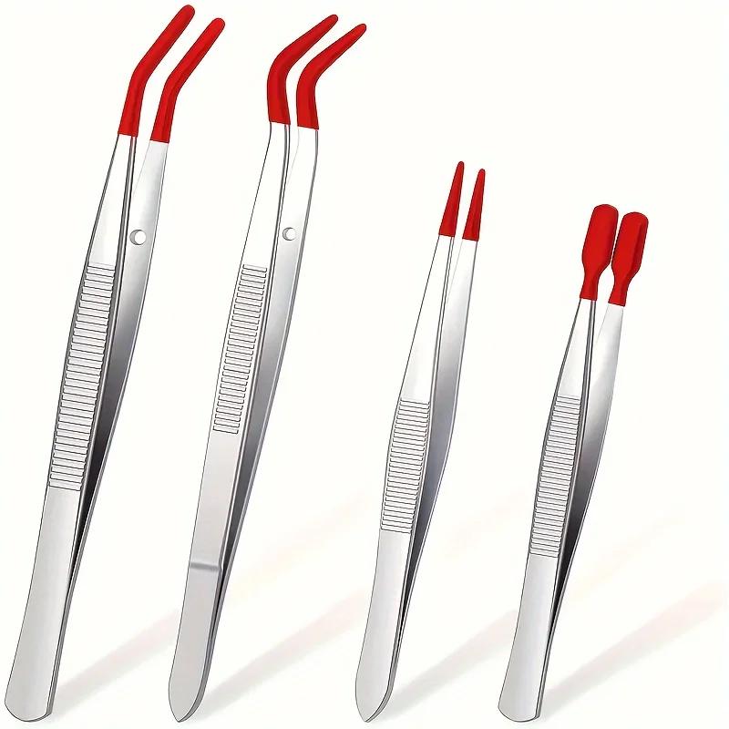 1-5PCS Anti-Slip Rubber Coated Precision Tweezers Set,Straight/Bent Flat Tip for Jewelry,Electronics Repair,Nail Stamping DIY