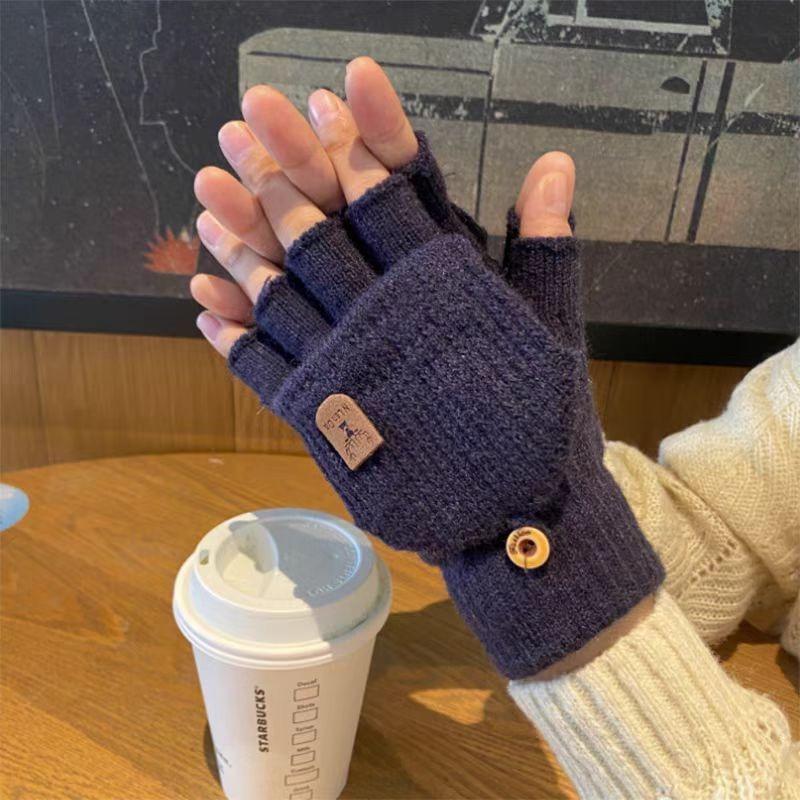 

Зимние новые вязаные термоперчатки без пальцев мужские уличные ветрозащитные откидные плюшевые студенческие для письма One size