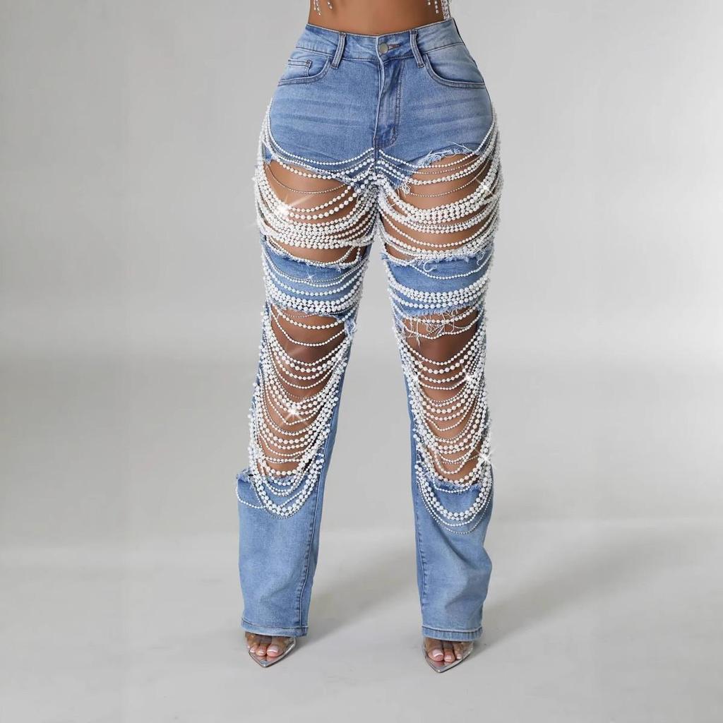 2025 Beaded Ripped Elastic Jeans for Women: Hot Girl Summer Style