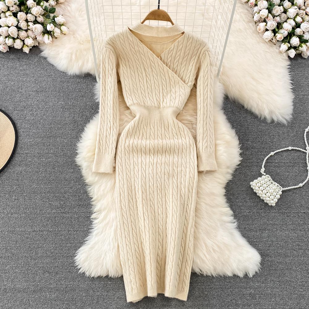 

Осенне-зимний элегантный однотонный вязаный свитер с v-образным вырезом, платье-футляр с длинным рукавом, женский пуловер с поворотным узором, трикотаж One Size бежевый