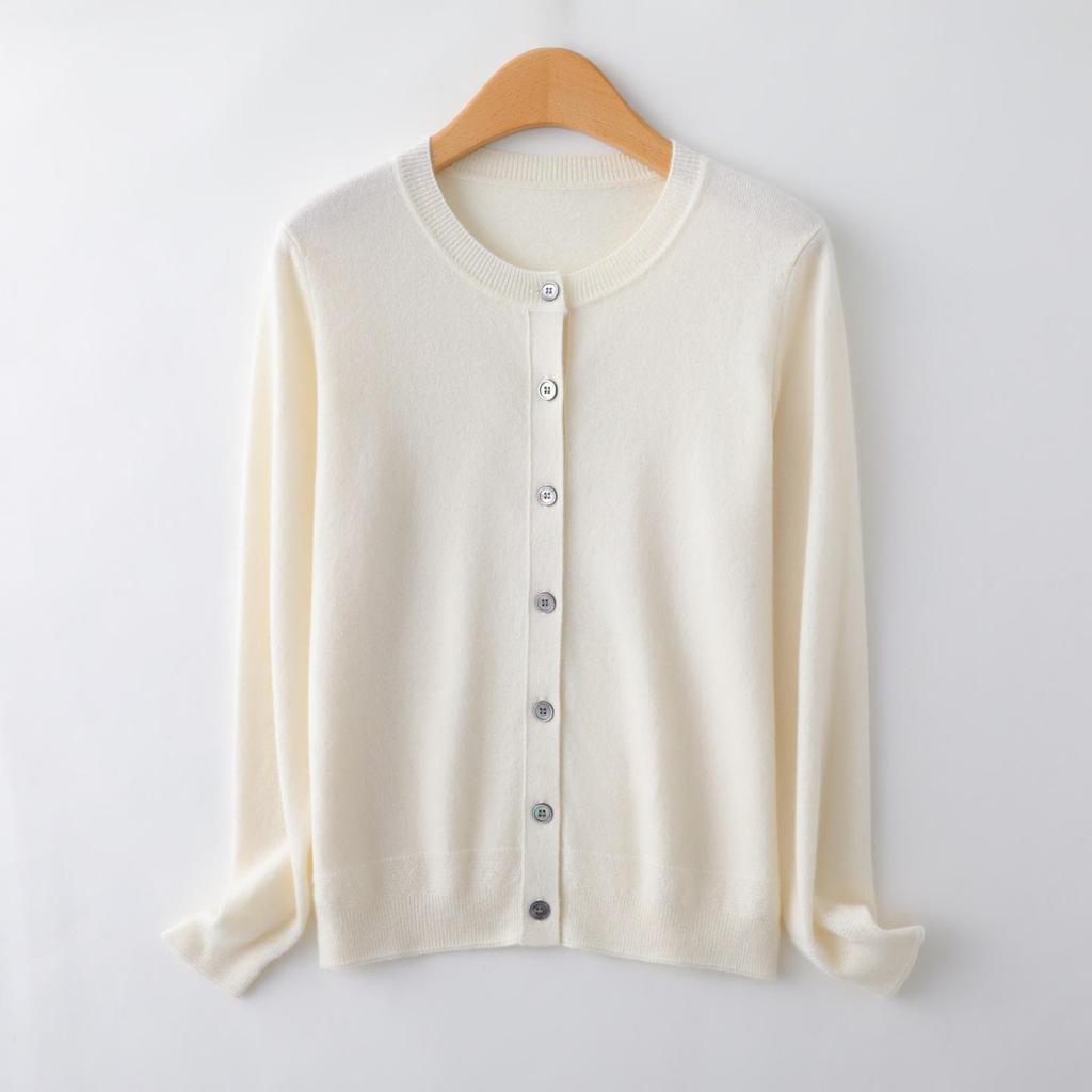 Autumn/Winter Pure Cashmere Women's Gray Round Neck Cardigan - Loose Knit Long Sleeve Sweater