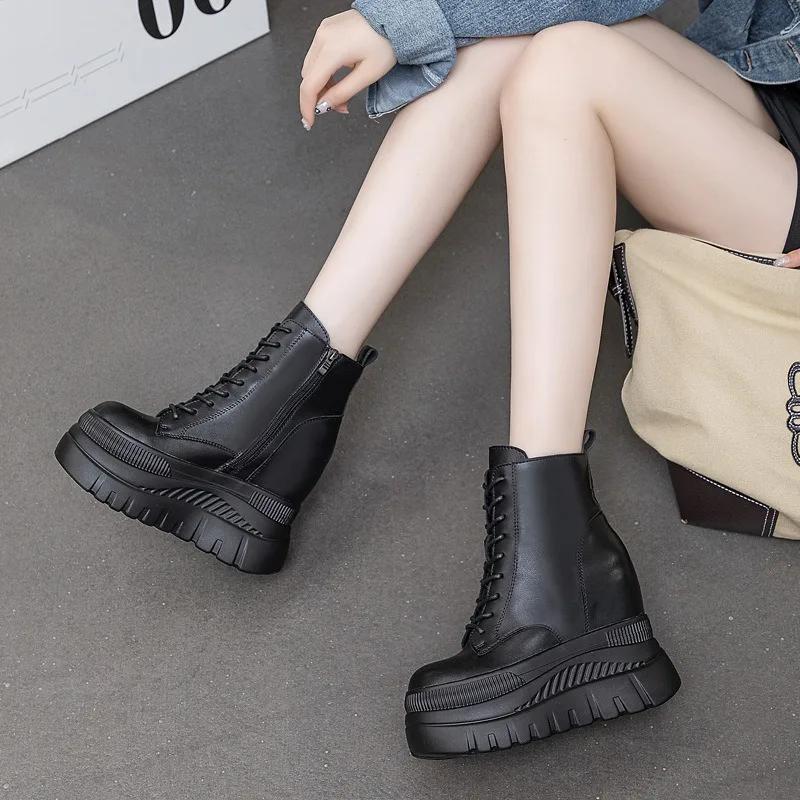 Fashion 12cm New Genuine Leather Women Breathable Platform Hidden Heels Shoes Genuine Leather Chimney Fashion Spring ZIP Ankle Booties