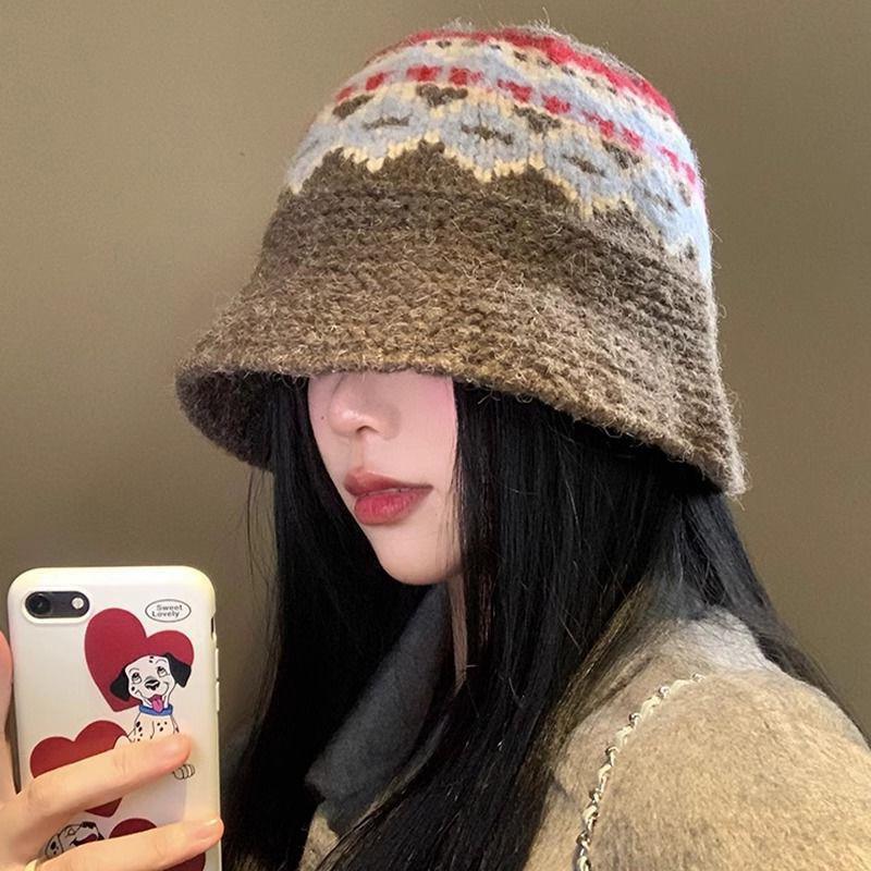 Retro Jacquard Knitted Bucket Hat Autumn Winter Korean Warm Casual Basin Hat For Women