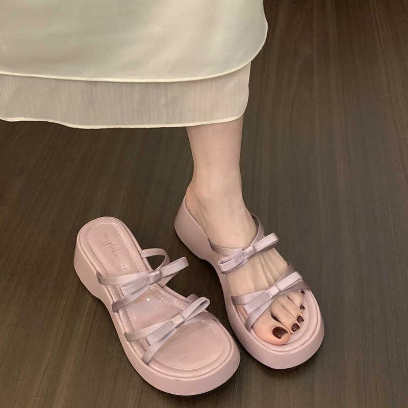 Butterfly-knot Platform Heel Women Slippers Concise Dress Street Style Slides Summer Ladies Outdoor Sandalias