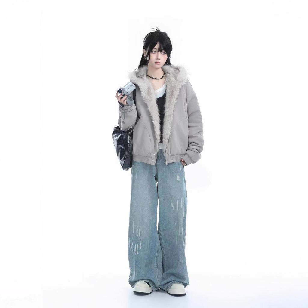 Retro Fur Collar Hooded Cotton Coat Women'S Winter Feeling Thickened Plush Cotton Coat