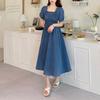 Women Summer Dress Square Neck Bubble Sleeve Pleated Shirring Elastic Bust Short Sleeve A-line Loose Hem Vintage Mic-calf Length Midi Dress