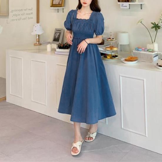 Women Summer Dress Square Neck Bubble Sleeve Pleated Shirring Elastic Bust Short Sleeve A-line Loose Hem Vintage Mic-calf Length Midi Dress