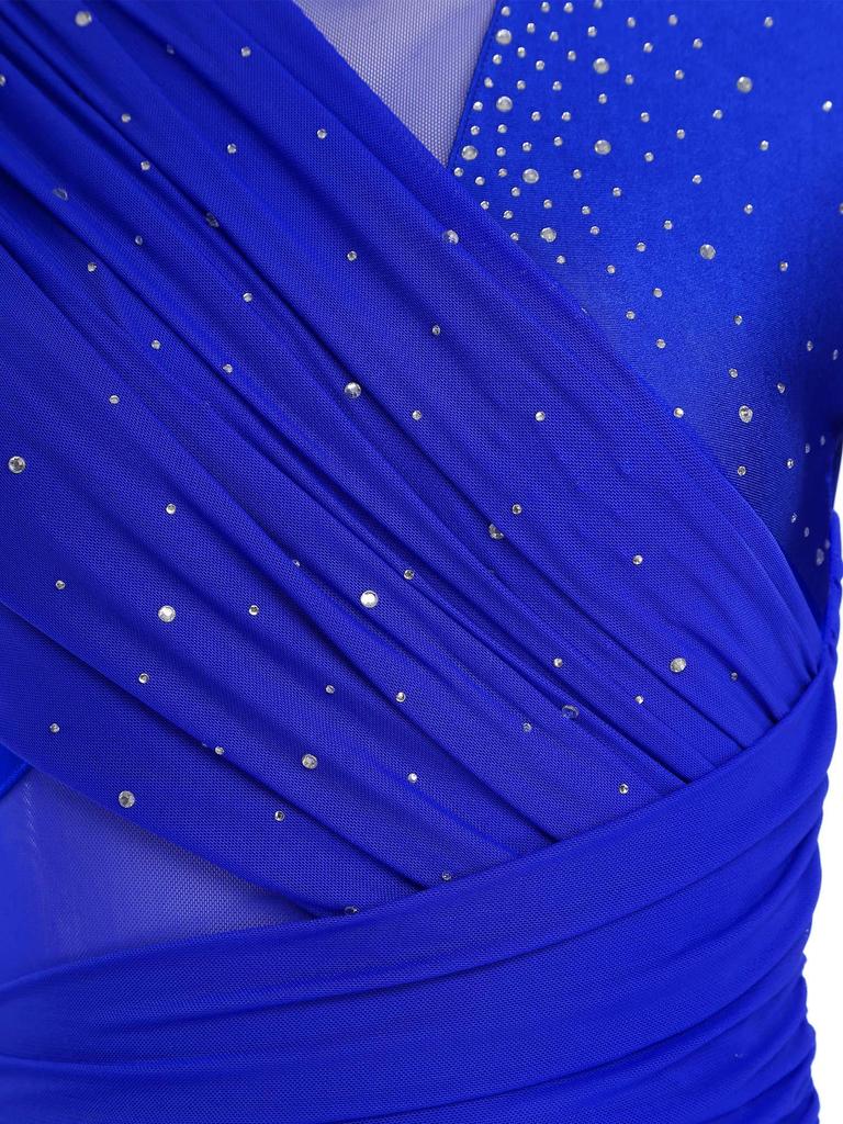 Women’s Glitter Rhinestone Lyrical Dance Dress Long Sleeve Ruched Backless One Piece Leotard for Modern Contemporary Recital