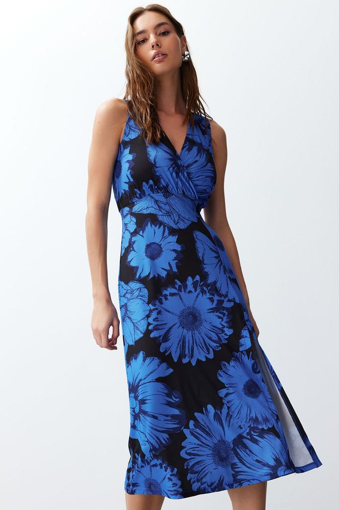 Women's Fashion Blue Patterned Gathered Double Breasted V-Neck Flexible Knitted Midi Dress