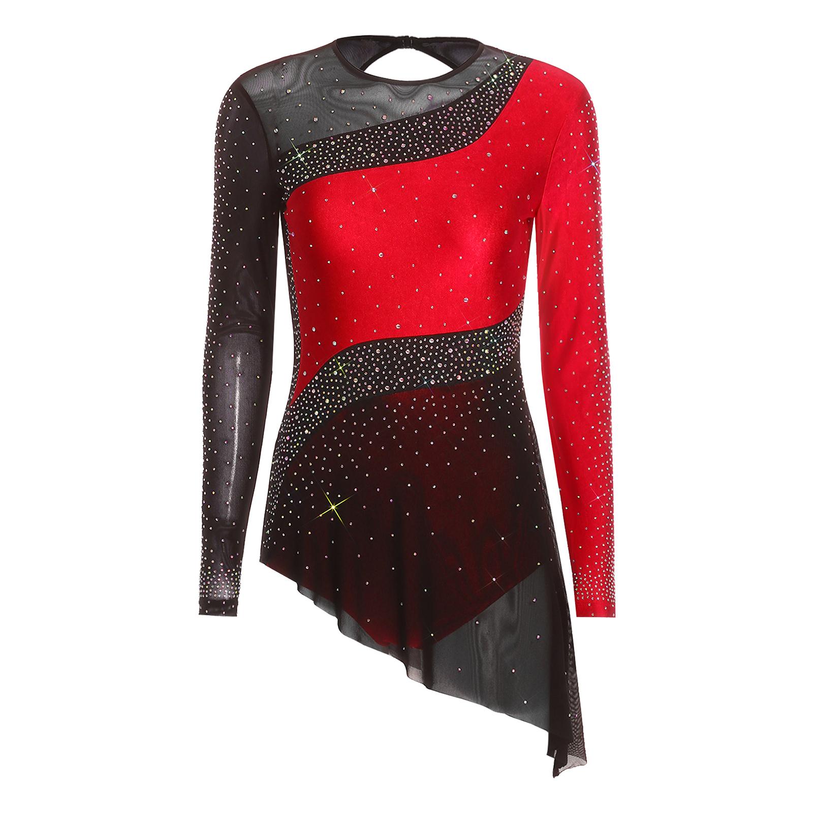

Womens Sparkle Rhinestone Figure Skating Bodysuit Dress Long Sleeves Back Cutout Color Blocking Leotard S червоний
