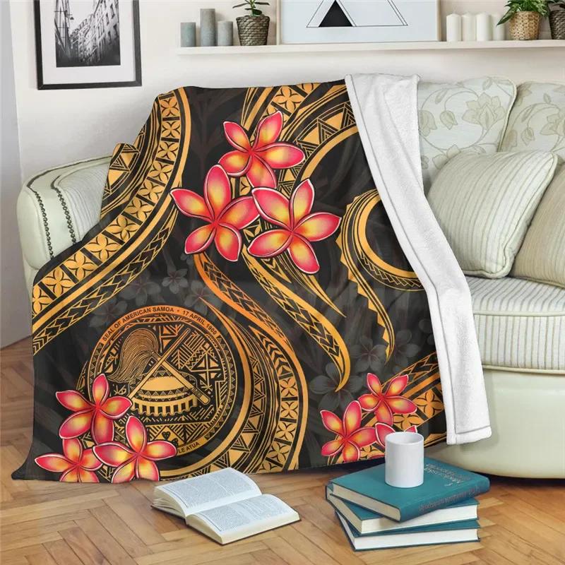Hawaiian Polynesian Plumeria Pattern Flannel Throw Blanket Soft Lightweight Warm Decoration Soft Bed Home Sofa Kids Adults Gifts