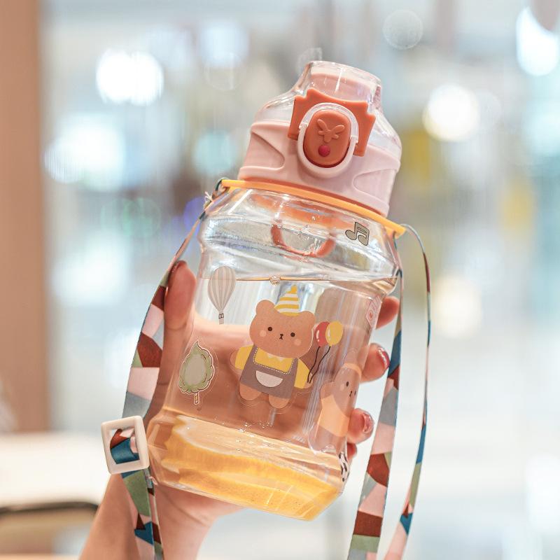 Water bottle1011 sticker plastic water cup children's strap direct drinking cup one-button elastic cover leak-proof and drop-proof cute cartoon