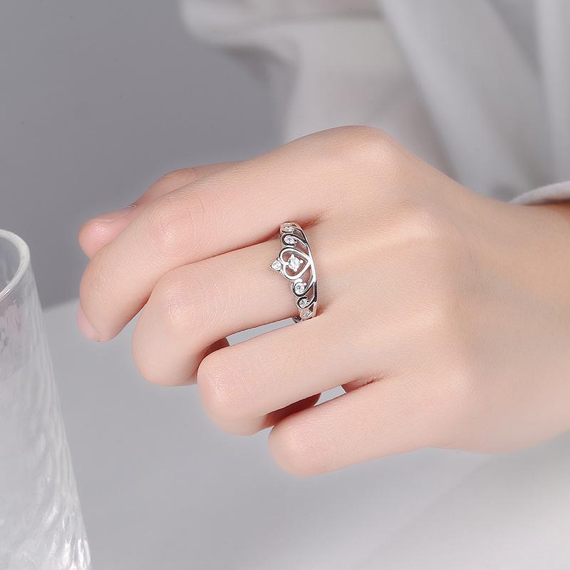 High-End S925 Sterling Silver Princess Crown Rhinestone Heart Ring for Women – European and American Style Index Finger Jewelry