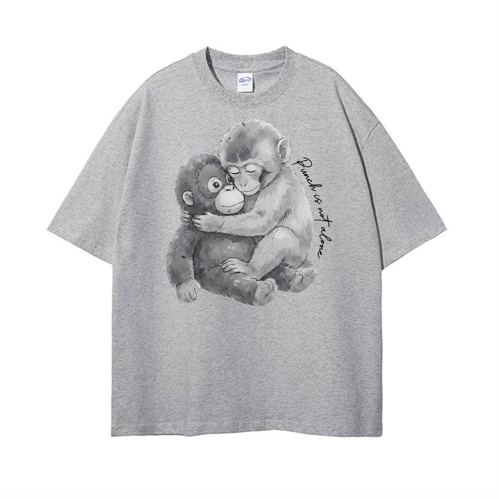 Punch Monkey Hug Is Not Alone Graphic Tshirts Men Women Clothing Vintage Fashion Cotton Tshirt High Quality T Shirt Streetwear
