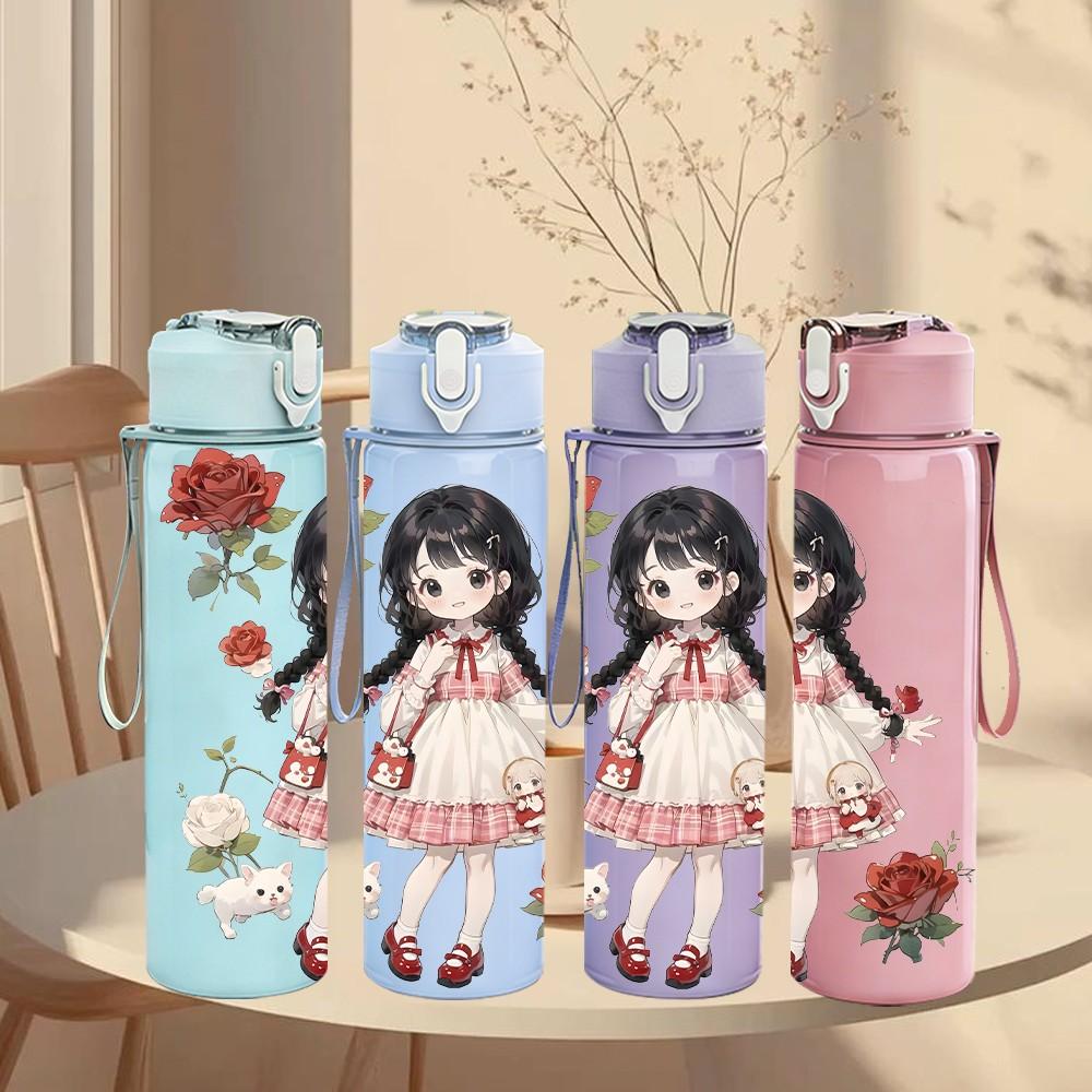 1PC White Dress Girl Red Flower Pattern 750ml Color Plastic Sports Water Bottle Leakproof Flip Straw Lid Suitable for Sports Office Home Use