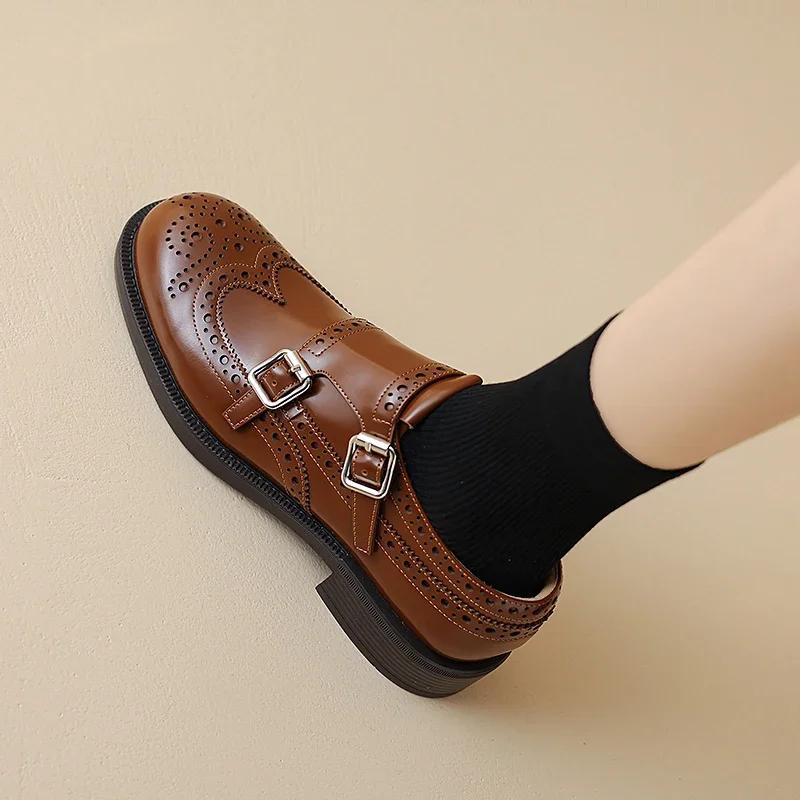 Fashion NEW Spring/Autumn Women Loafers Round Toe Chunky Heel Shoes Shoes for Women Belt Buckle Women Pumps Brogue Shoes Genuine Leather