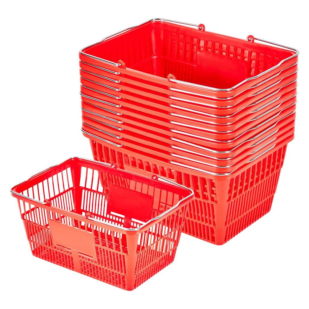 Shopping Baskets, 12 PCS, 21L Stackable PE Plastic Grocery Baskets with Metal Handles, Dense Mesh Structure, Holds up to 9.07kg, Portable for Grocery,
