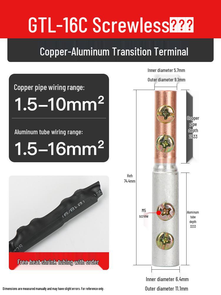 Copper-Aluminum Transition Connector Terminal Block, Quick Wire Connection Tool, No-Press Pipe Butt Connection GTLC