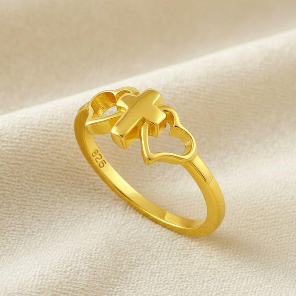 Srebro Próby 925 Pozłacane Pierścionek Damski Krzyż i Serce