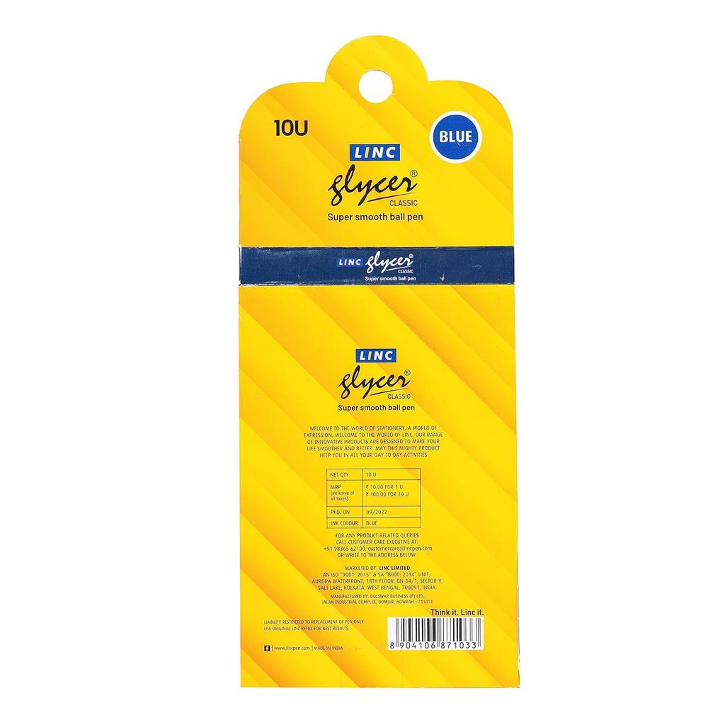 Linc 0.6mm Glycer Smooth Ball Pen Pack of 1 X 10pcs | Blue Ink for Office, School & Home Writing