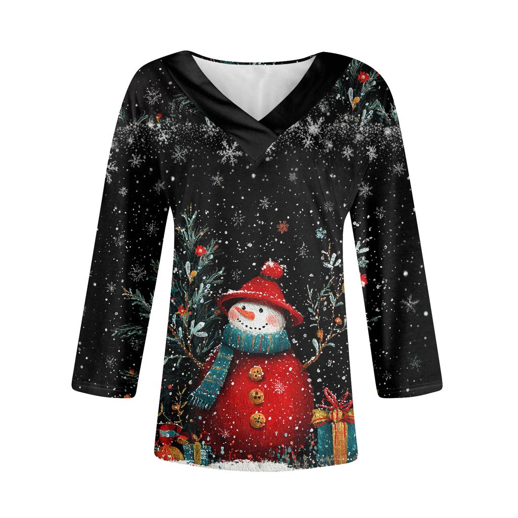 Women's Loose Comfortable Casual Fashion V-Neck Christmas Print 3/4 Sleeve Top