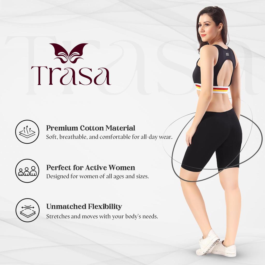 TRASA Women's Cotton Fashion Biker Workout Cycling Shorts, Black - XL