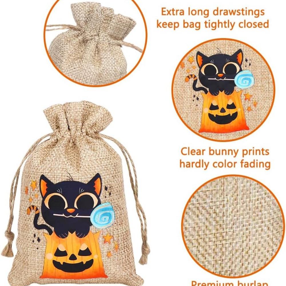 5pcs Halloween Linen Bun Storage Bag Halloween Pattern Candy Gift Packaging Bag Linen Drawstring Bag
