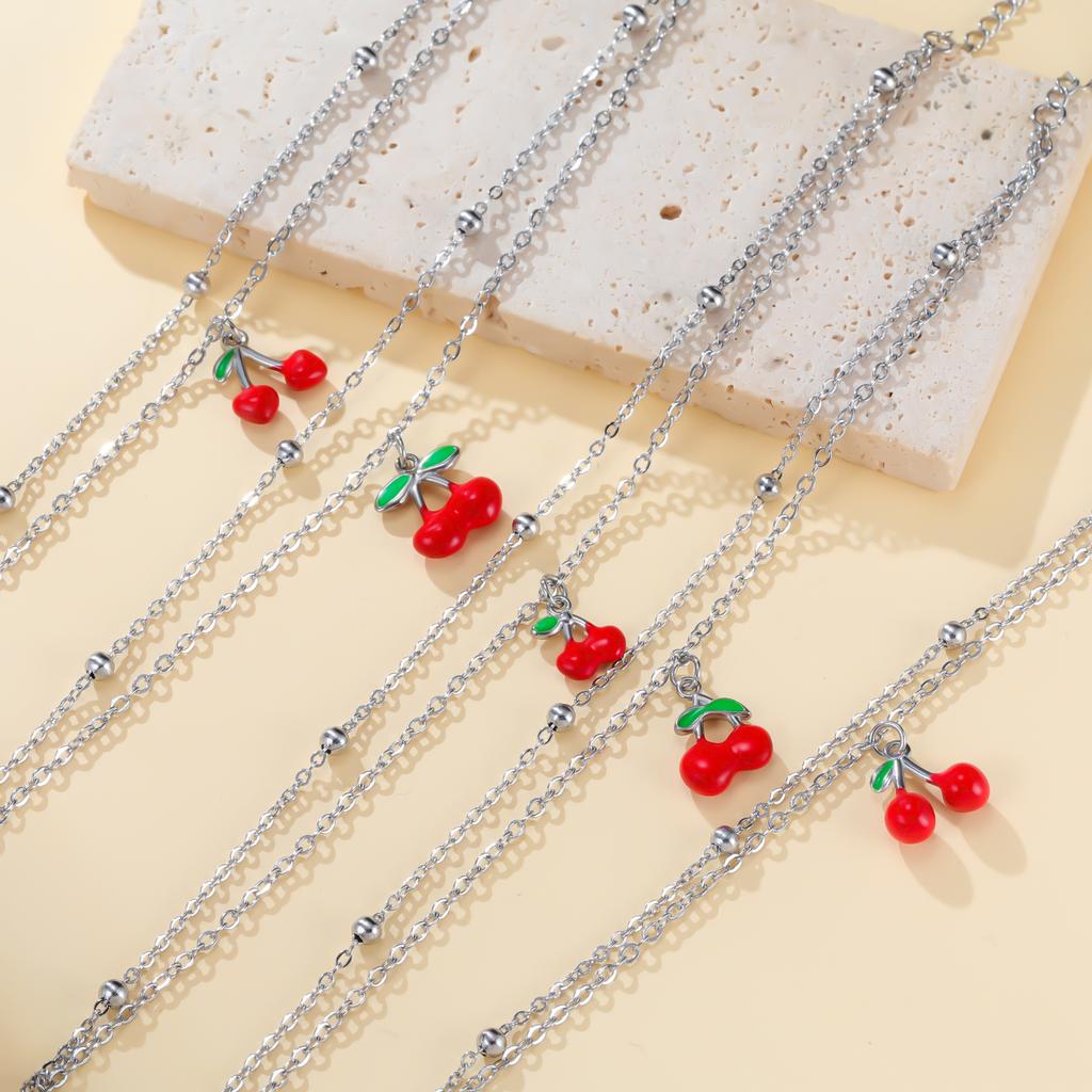 Cazador Enamel Red Cherry Charm Bracelet For Woman Stainless Steel Double Layer Beads Chain Fashion Fruit Jewelry Gift