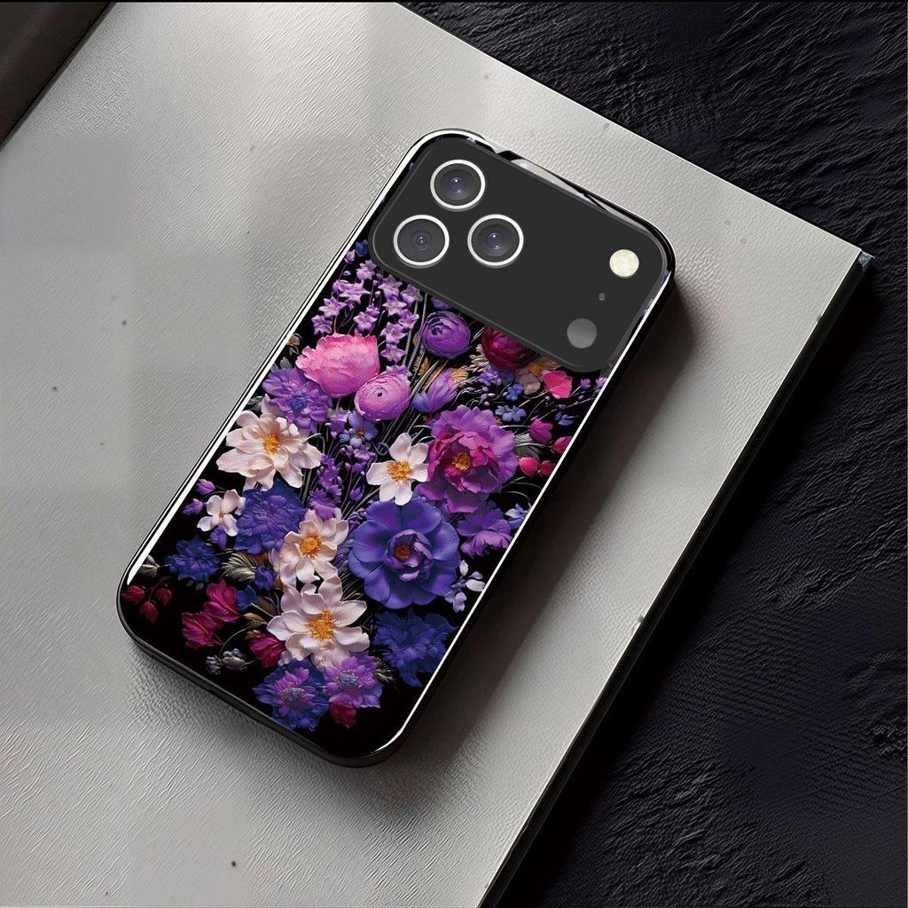 Shockproof Cover for iPhone 17 ProMax Pro Vintage Oil Painting Purple Floral Phone Case, Glossy Acrylic Back TPU Bumper