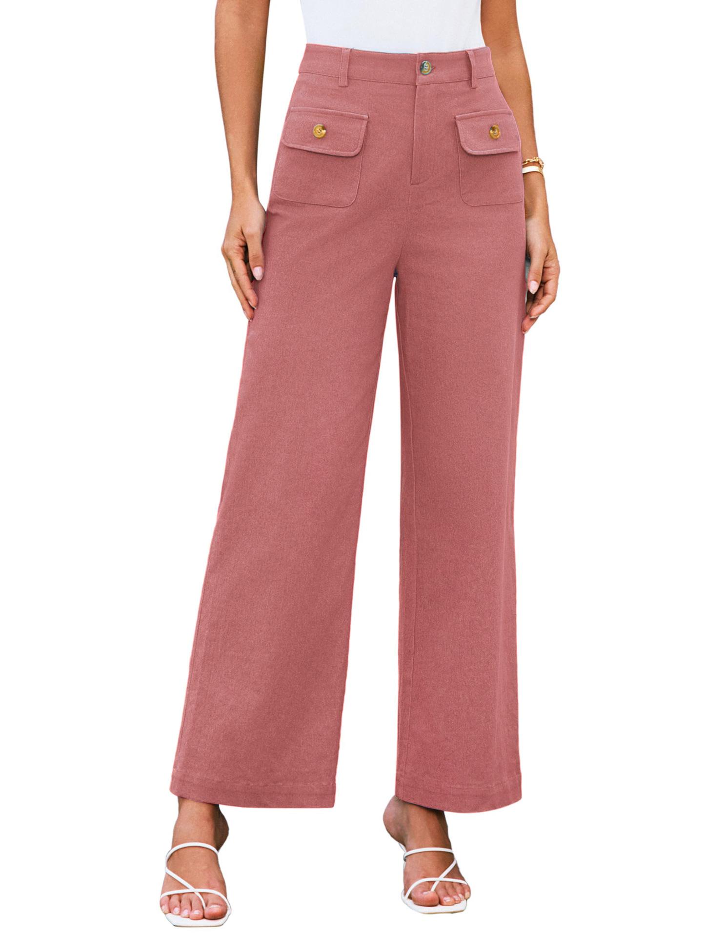 Womens High Waisted Wide Leg Stretch Casual Pants With Pockets S персиковый