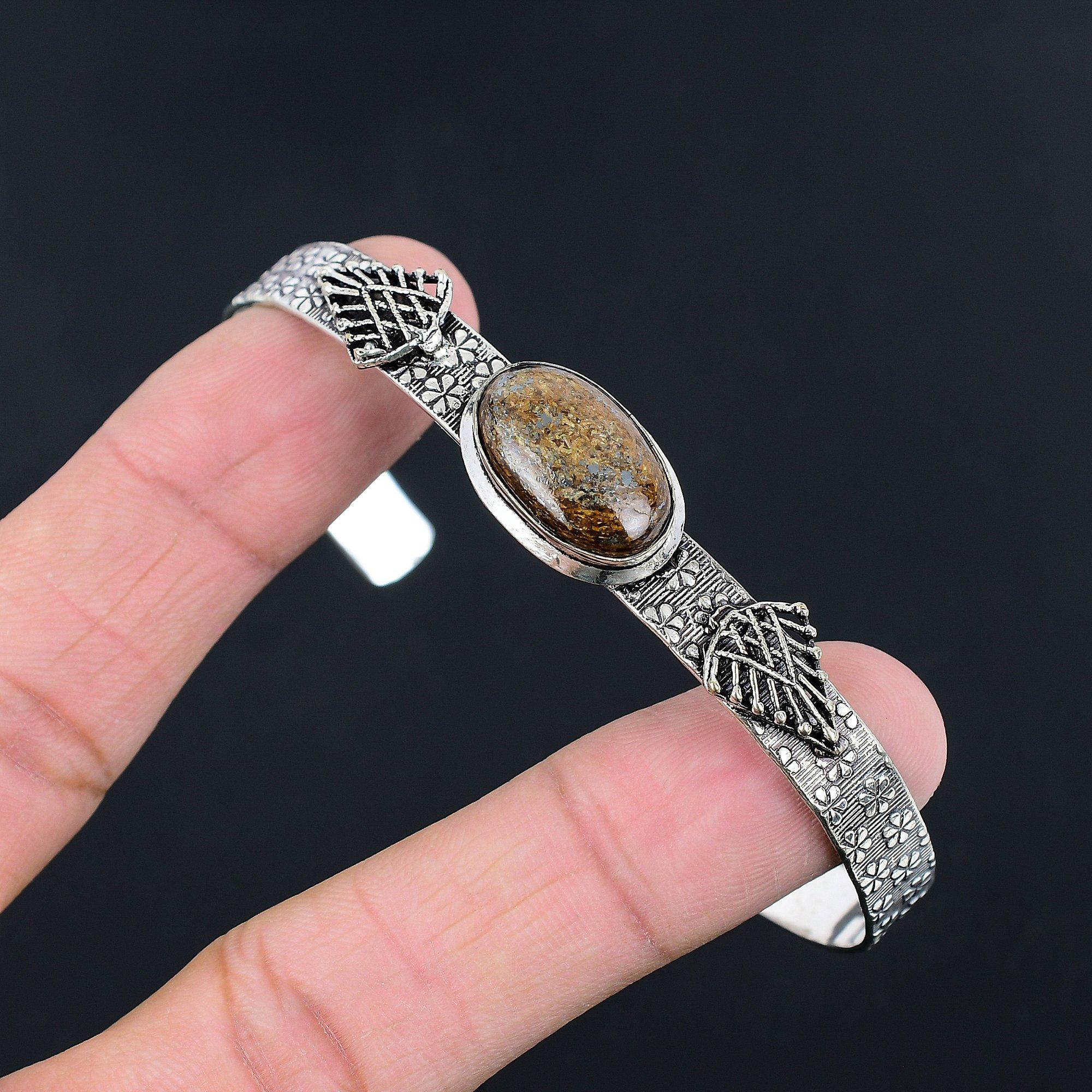 

Anniversary Gift For Her Natural Bronzite Gemstone Bangle Adjustable 925 Silver Adjustable