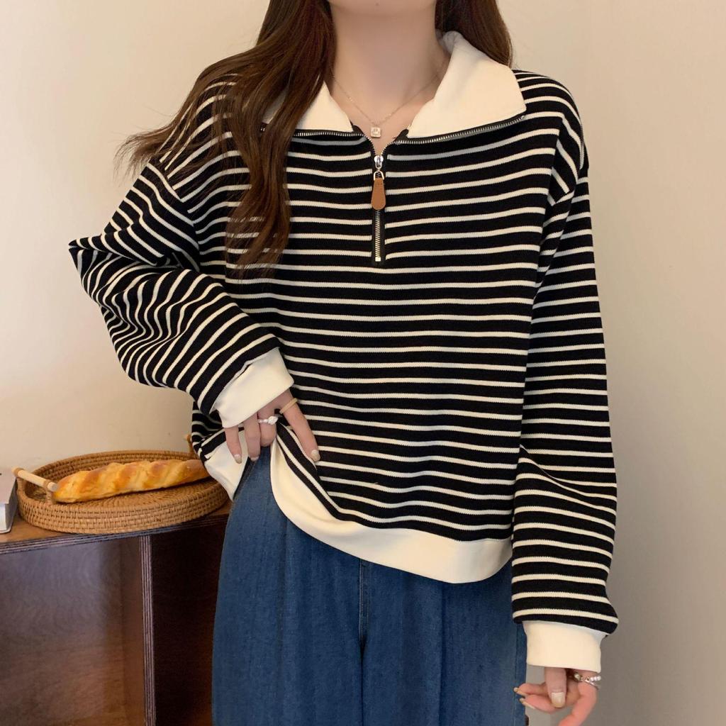 Plus Size Women's American Stripe Polo Collar Sweatshirt - Autumn/Winter Loose Fit Half Zip Long Sleeve Top.