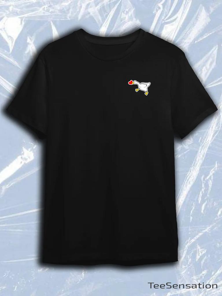 TeeSensation Black Crew Neck Short Sleeve T-Shirt with Small White Cartoon Goose Holding Red Heart Chest Logo