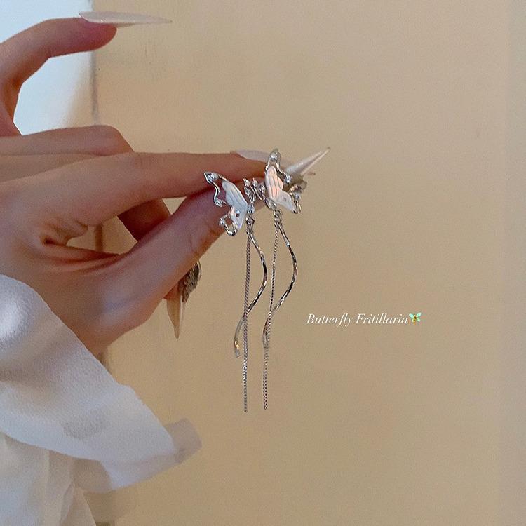 Elegant Shell Butterfly Tassel Earrings: Retro Chinese Style, Unique Design, High-End Feel for Women