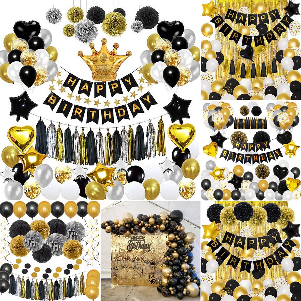 Birthday Party Decoration Set Black Gold Theme Birthday Arrangement Rain Curtain Flag Party Decoration Balloon