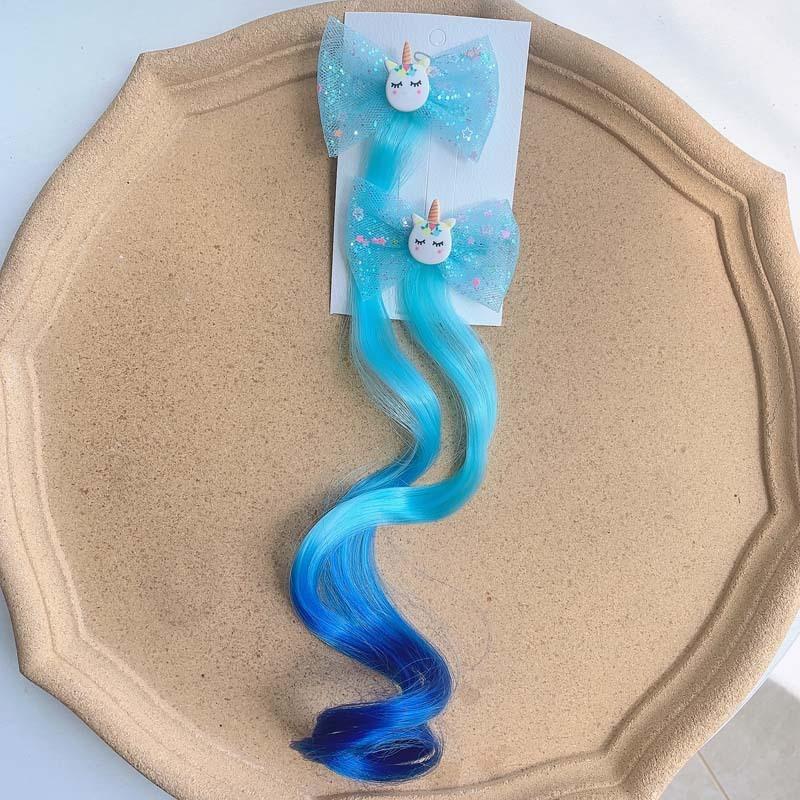

2 шт., новый милый парик принцессы с радужным бантом и единорогом, заколки для волос для девочек, детские головные уборы, заколки для волос, аксессуары для волос синий
