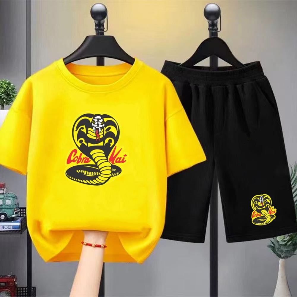 Summer T-shirt+shorts Anime snake Print Boy Black Girl Sets Tshirt kids Tops Casual Tees round Neck short-sleeved top